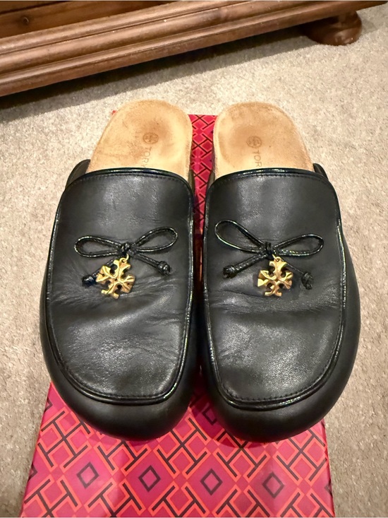 Tory Burch Shoes - Tory Burch Black Leather Slip-On Mules with Gold Logo Accents